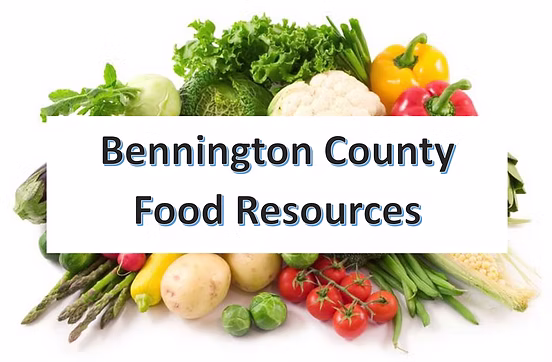 Pile of colorful vegetables with title bennington County Food Resources