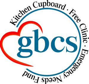 The letters GBCS surrounded by a heart with the words kitchen cupboard, free clinic, emergency needs fund written around it