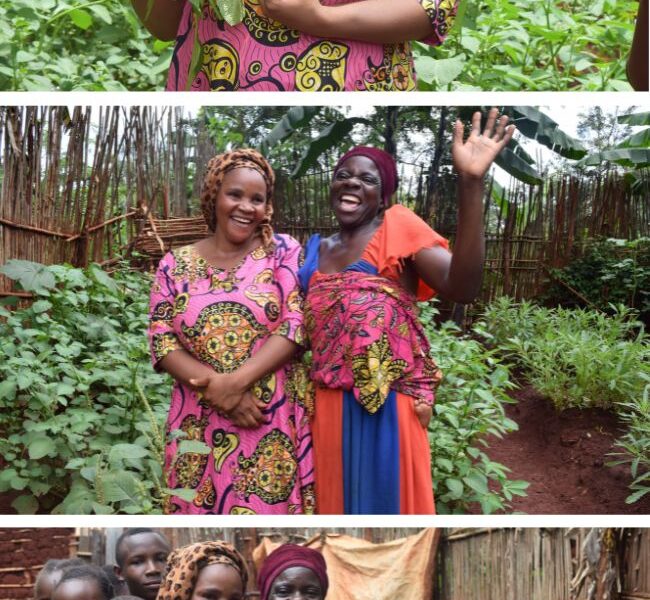 Photo collage of women and their children in garden
