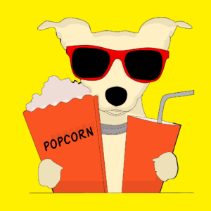 Cartoon image of dog in sunglasses holding popcorn and soda