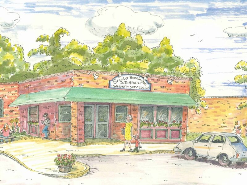 Cartoon image of the GBCS building with family walking in