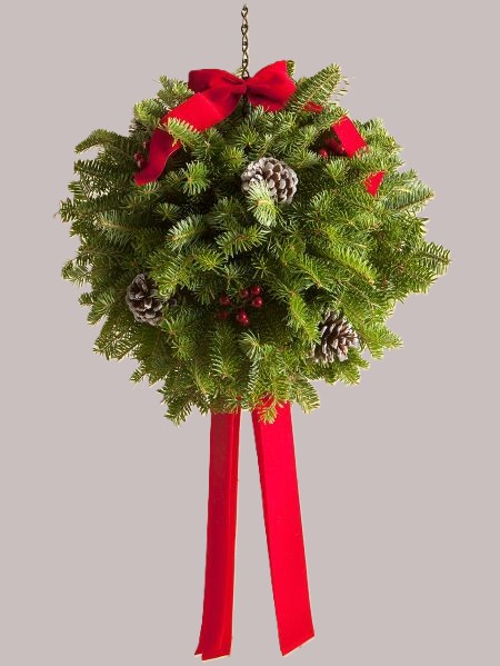 Ball of greans with pine cones and red bows